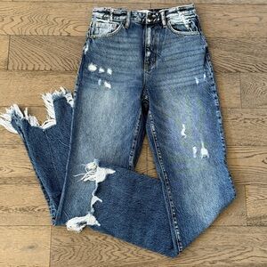 KanCan 90’s Straight Leg High Rise Distressed Frayed Hem Jeans